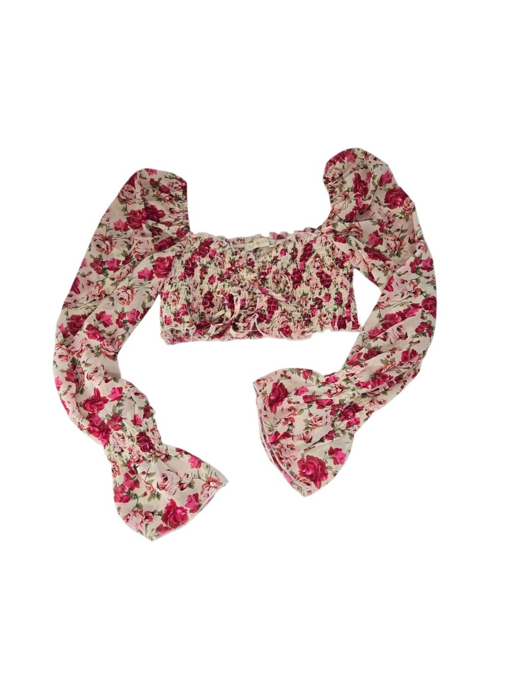 Ovinca Floral Smocked Crop Top with Long Puff Sleeves - Pink Floral